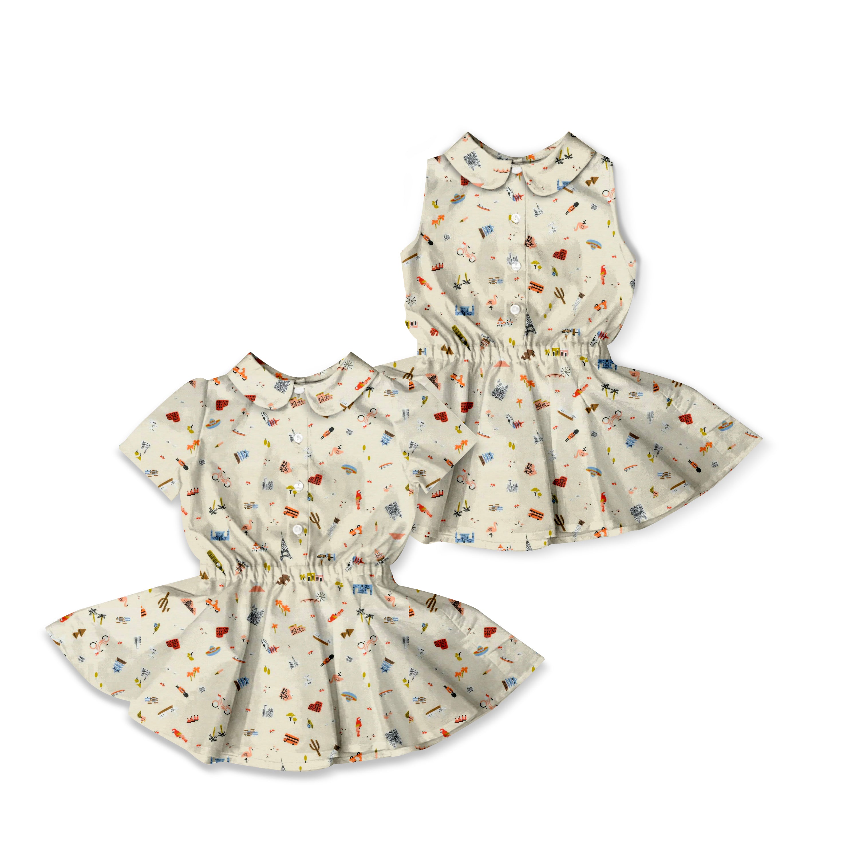 Travel Print - Button Front Twirl Dress