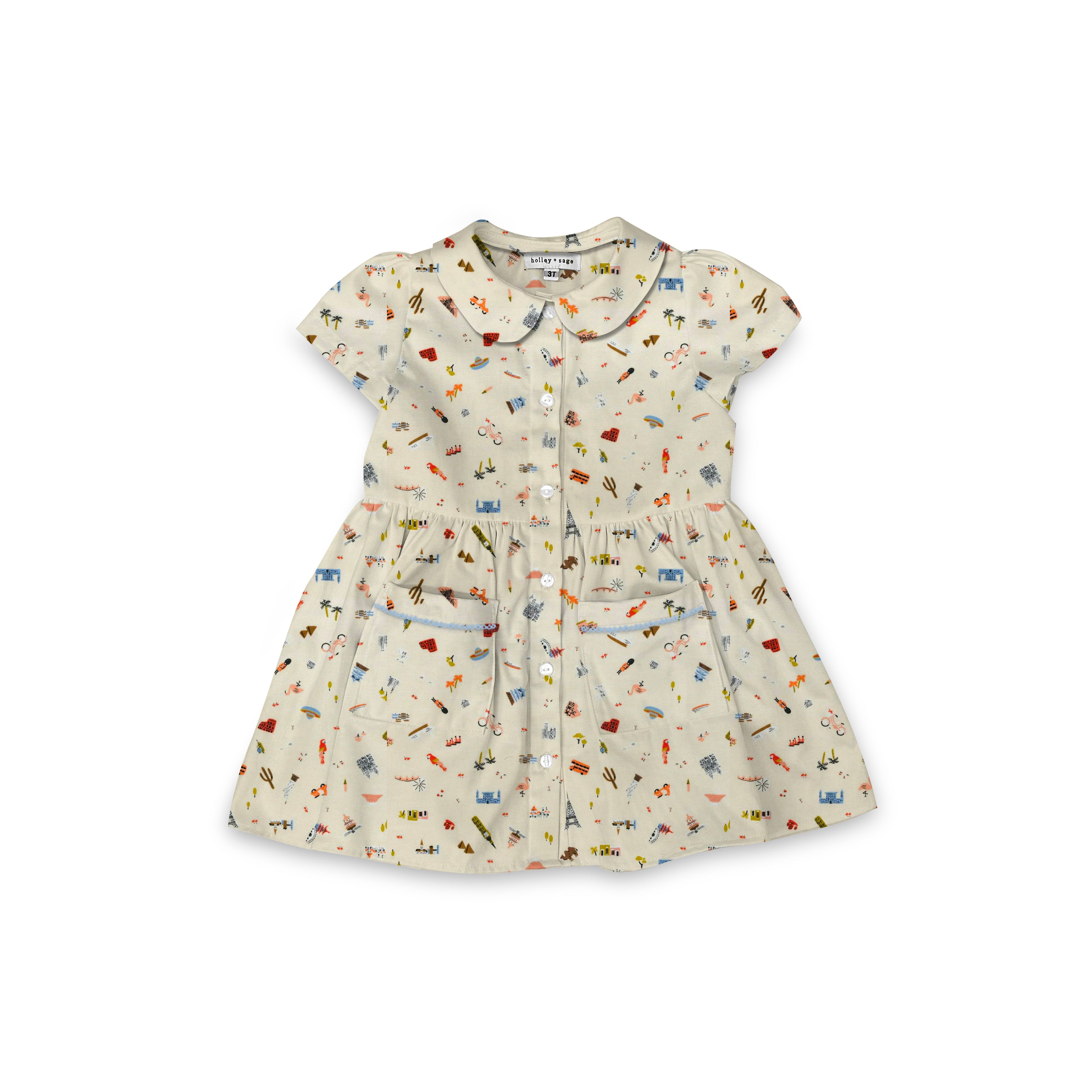 Travel Print - Smock Collared Dress