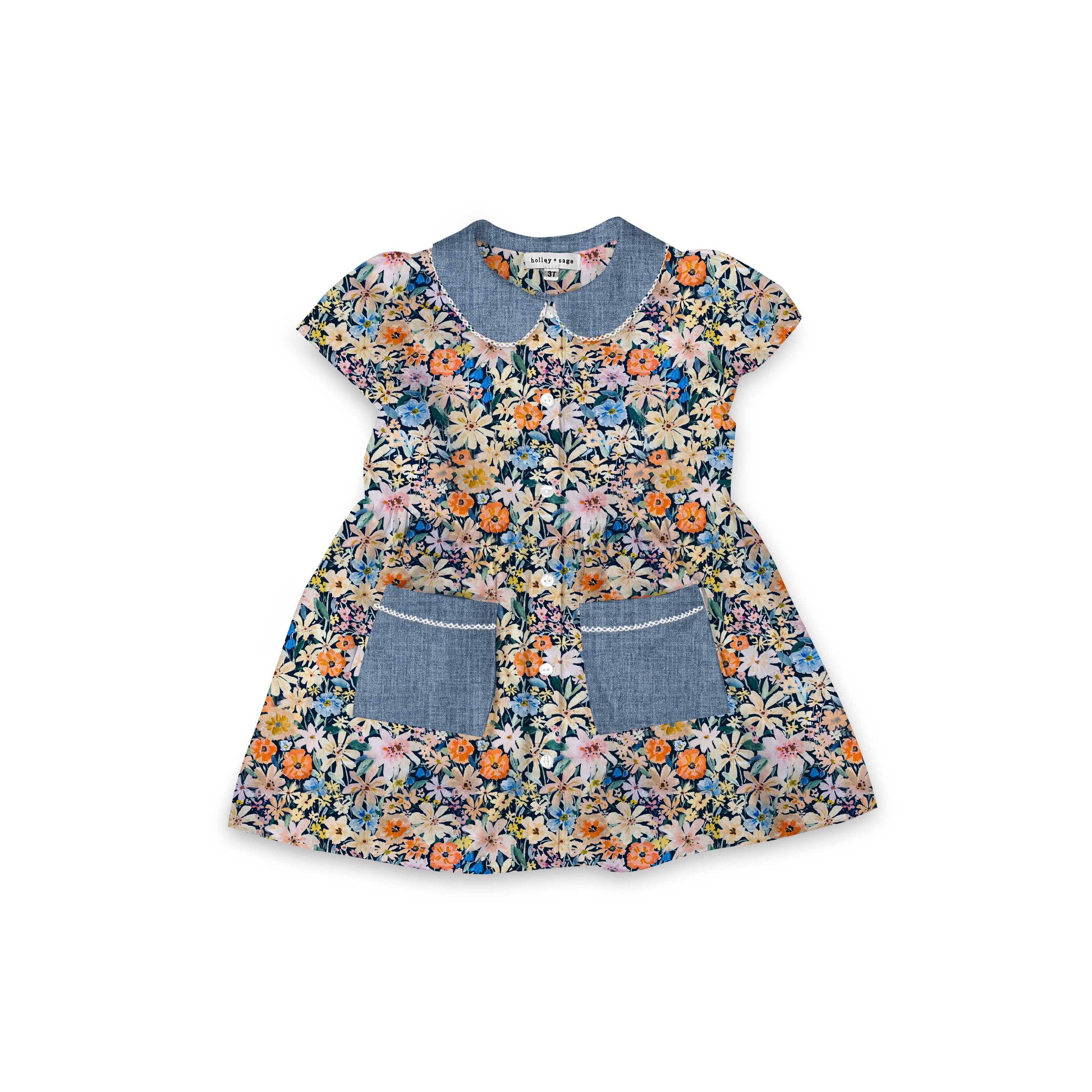 Denim Floral - Smock Collared Dress with Contrast Pockets and Collar