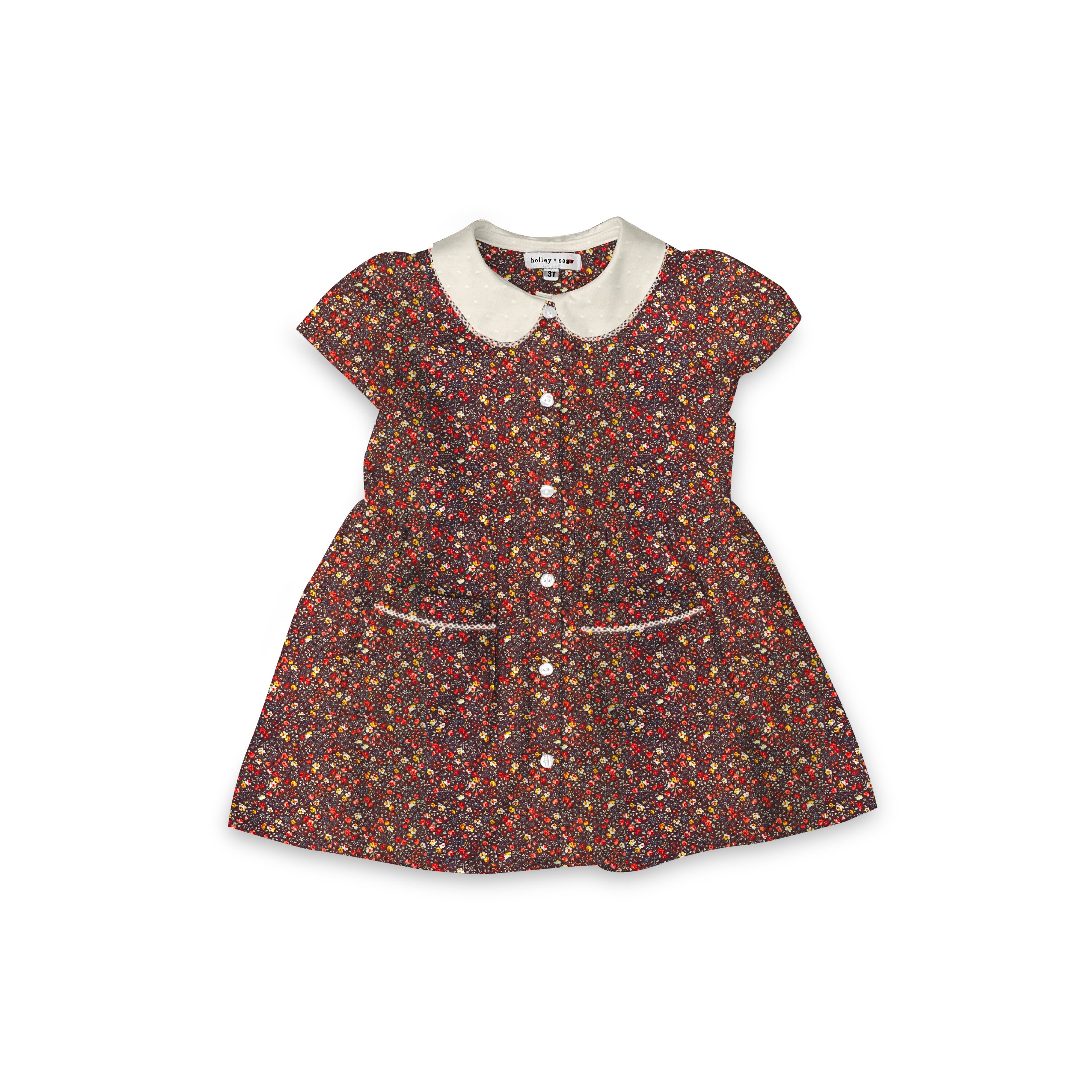Ditsy Autumn Floral - Smock Collared Dress with Pockets and Contrast Collar