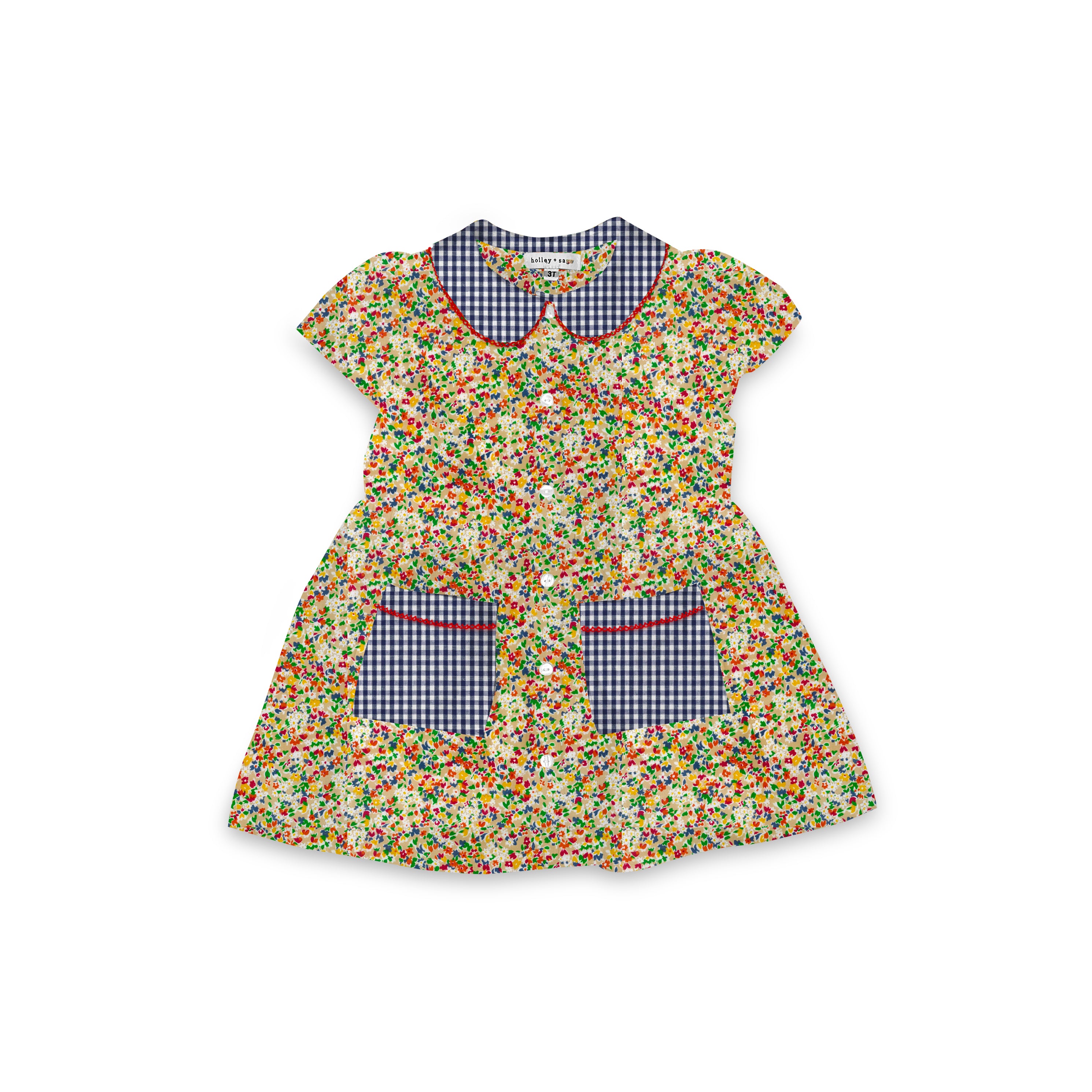 Primary Floral - Smock Collared Dress with Contrast Pockets and Collar