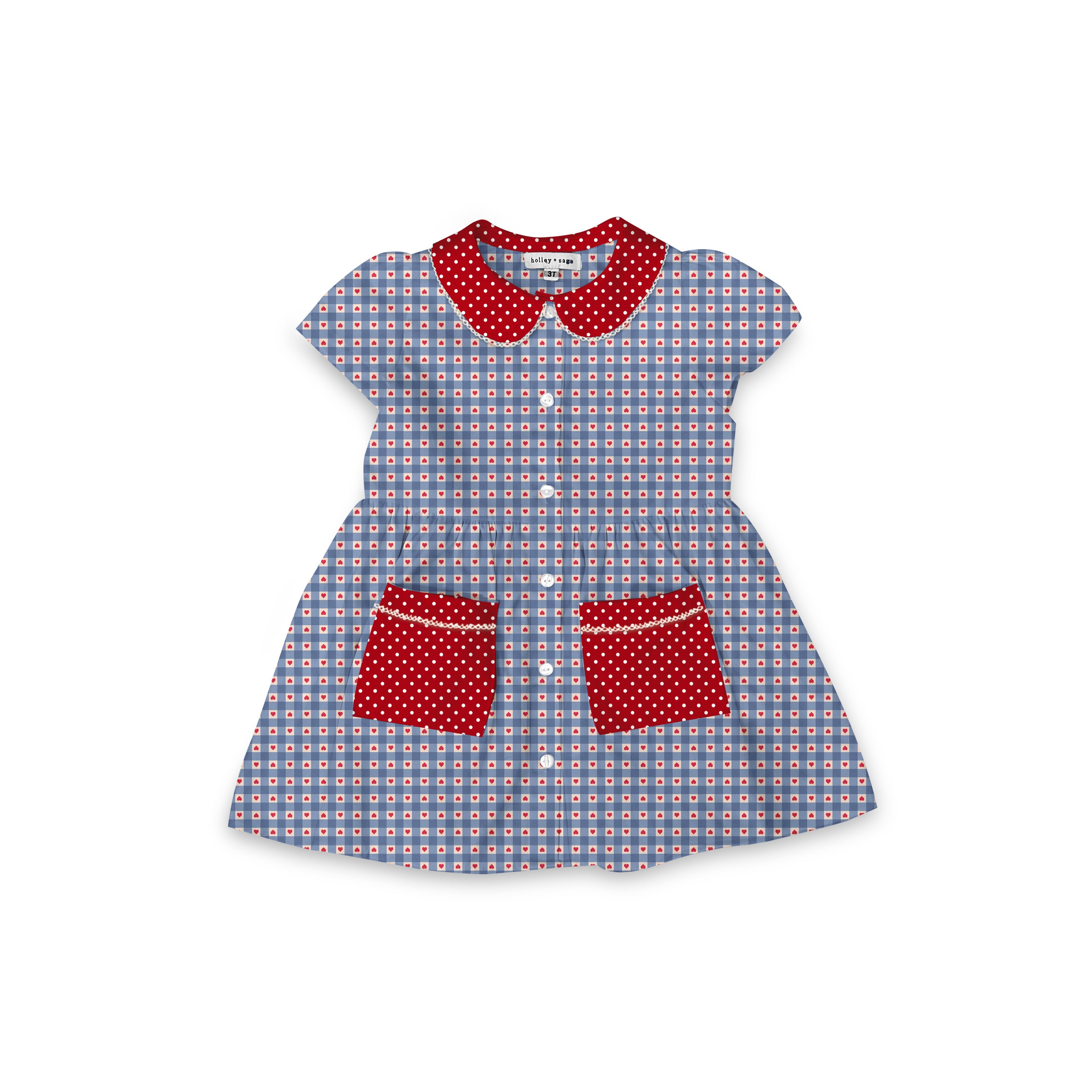 Heart Gingham - Smock Collared Dress with Contrast Pockets and Collar