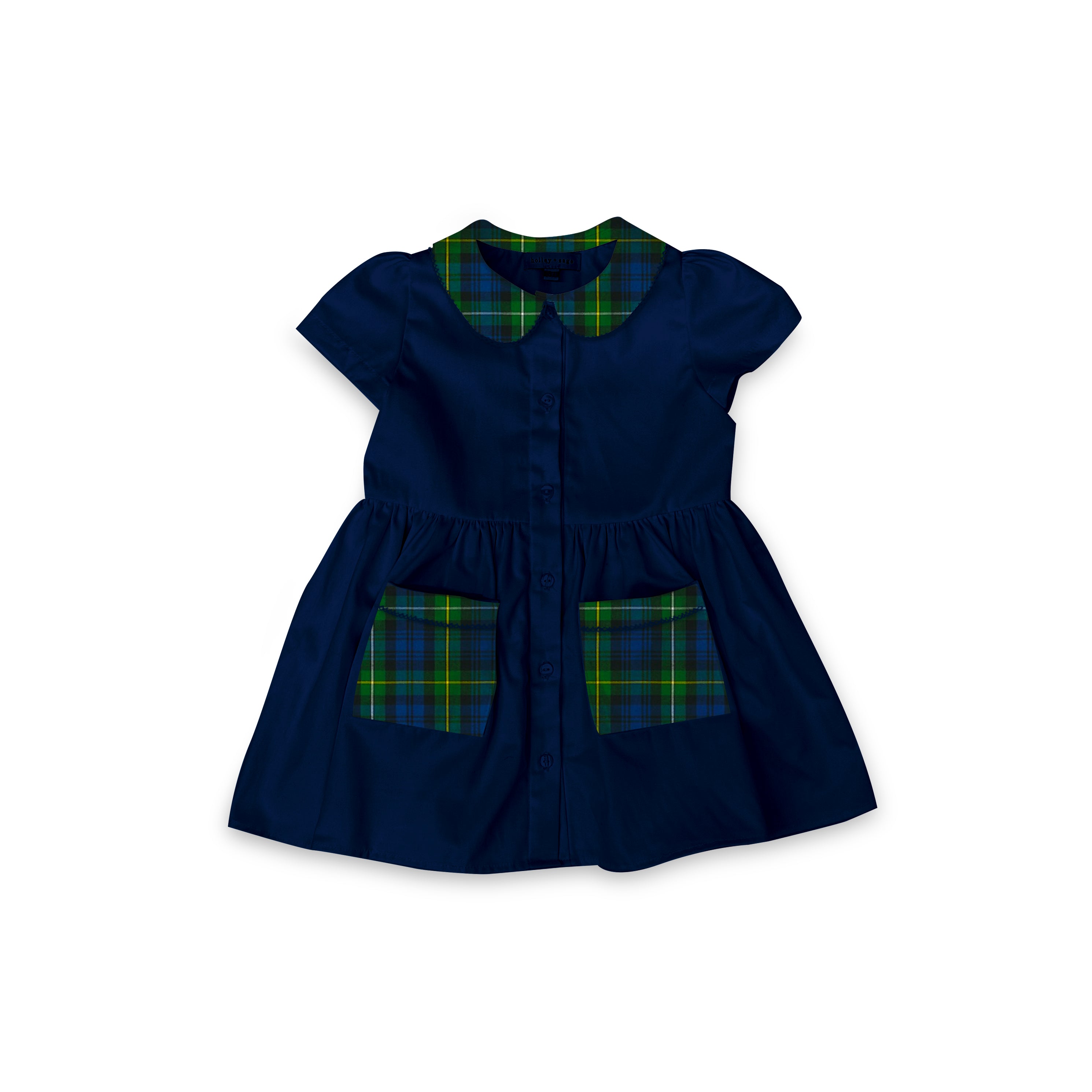 Navy with Contrast Plaid Collar and Pockets Uniform - Smock Collared Dress