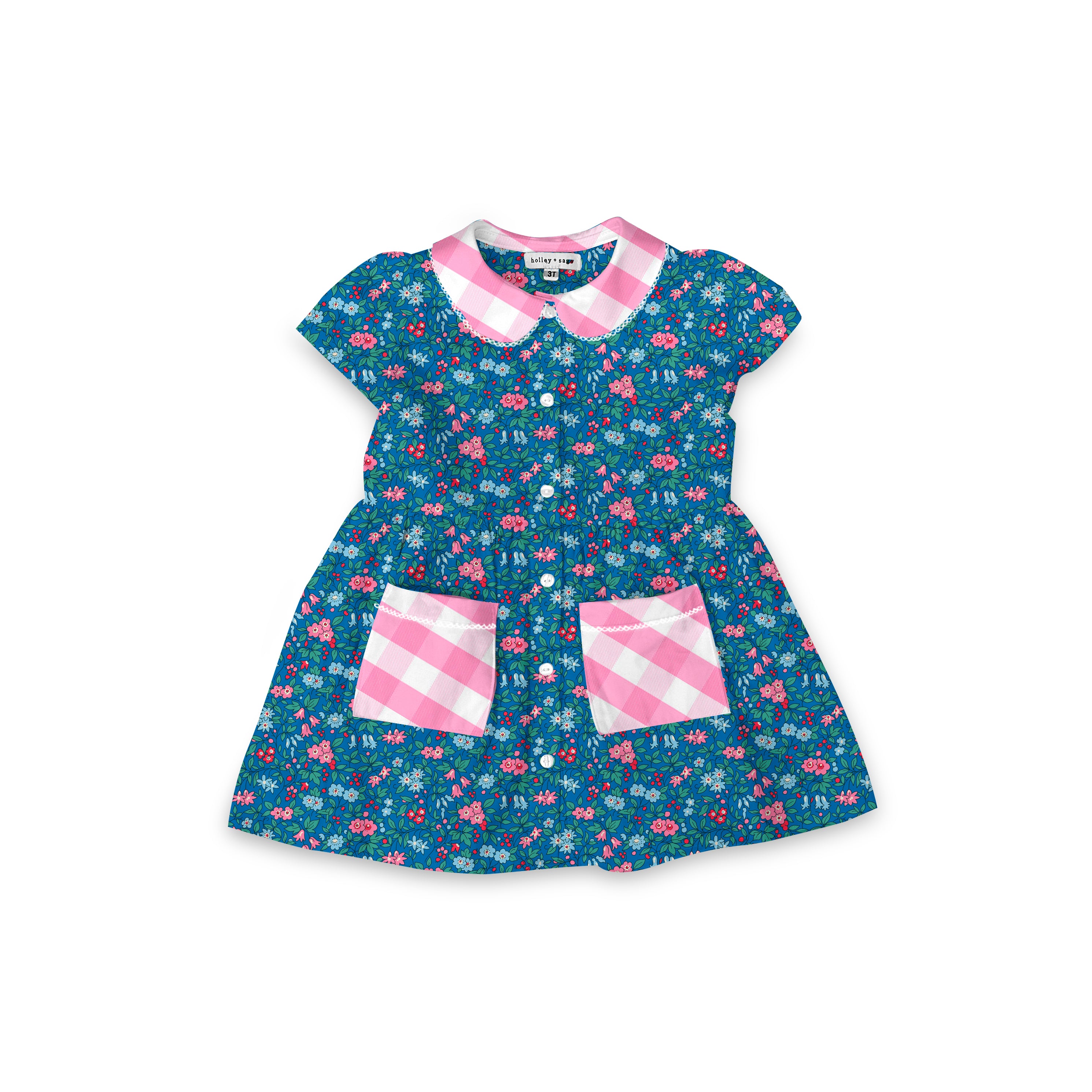 Trailing Blossom - Smock Collared Dress with Contrast Pockets and Collar