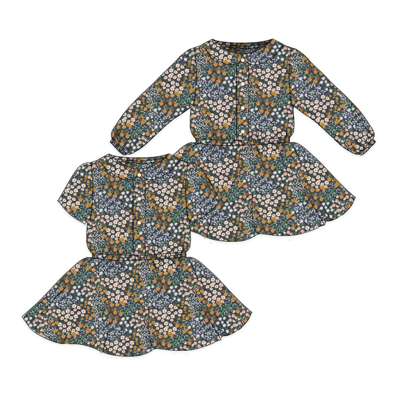 Charcoal Flower Field - Button Front Twirl Dress
