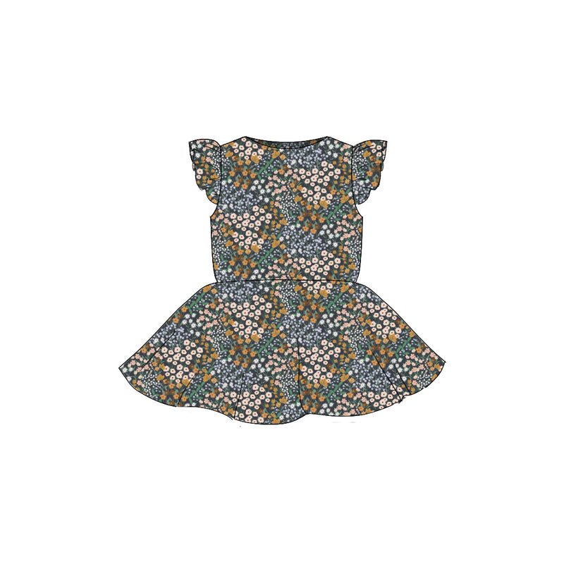Charcoal Flower Field - Flutter Sleeve Twirl Dress