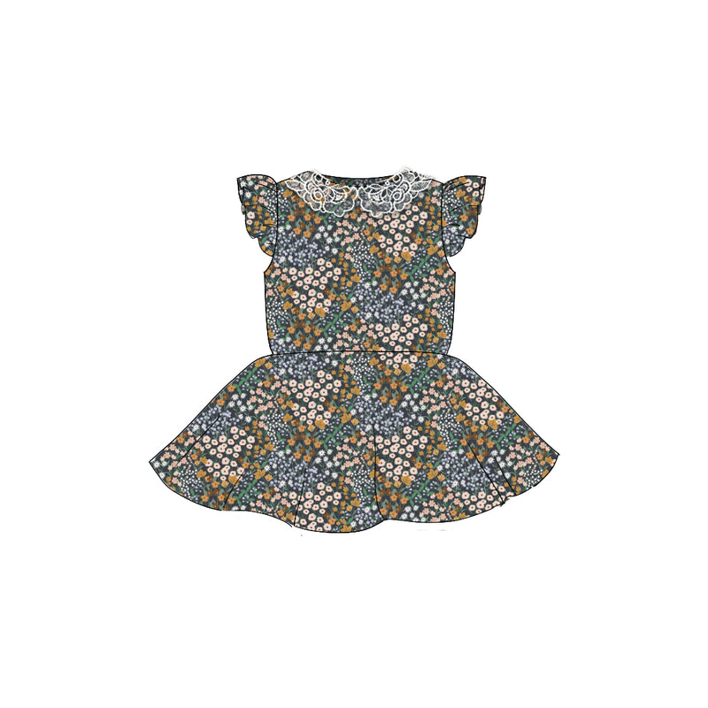 Charcoal Flower Field - Flutter Sleeve Twirl Dress