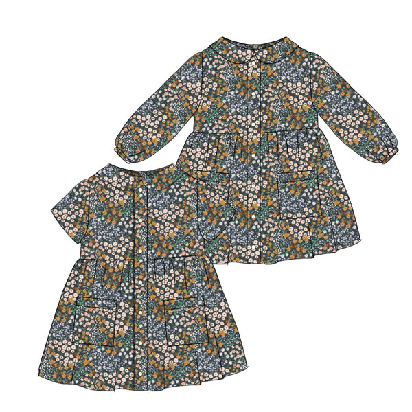 Charcoal Flower Field - Smock Collared Dress