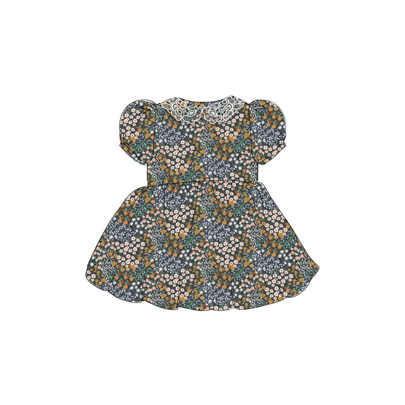 Charcoal Flower Field - Vintage Style Basque Dress