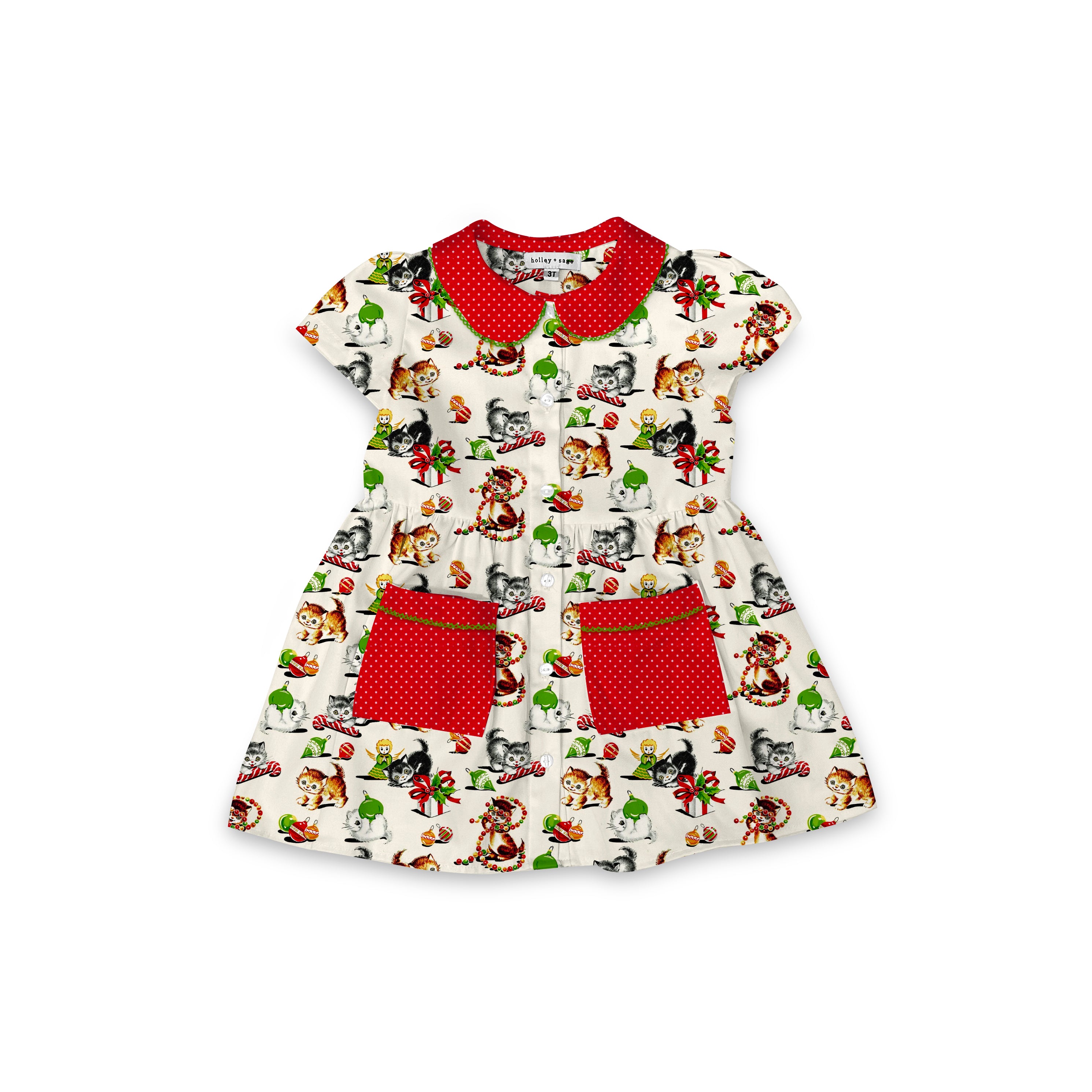 Christmas Kitties - Smock Collared Dress with Contrast Pockets and Collar