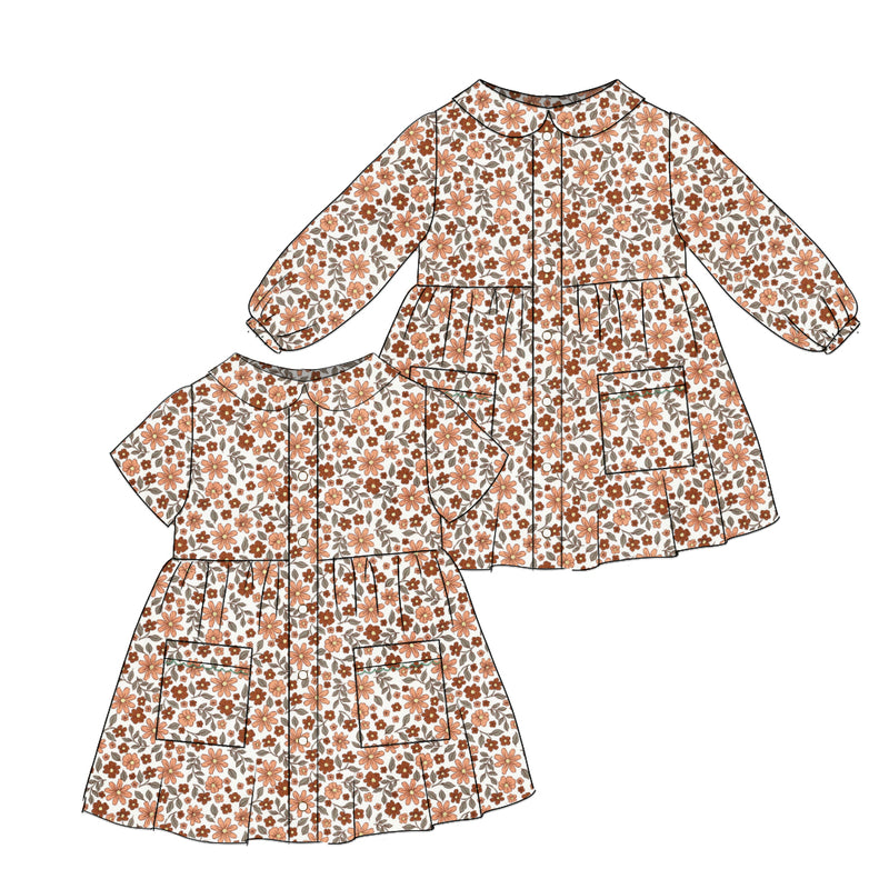 Corduroy Fleur Brune- Smock Collared Dress