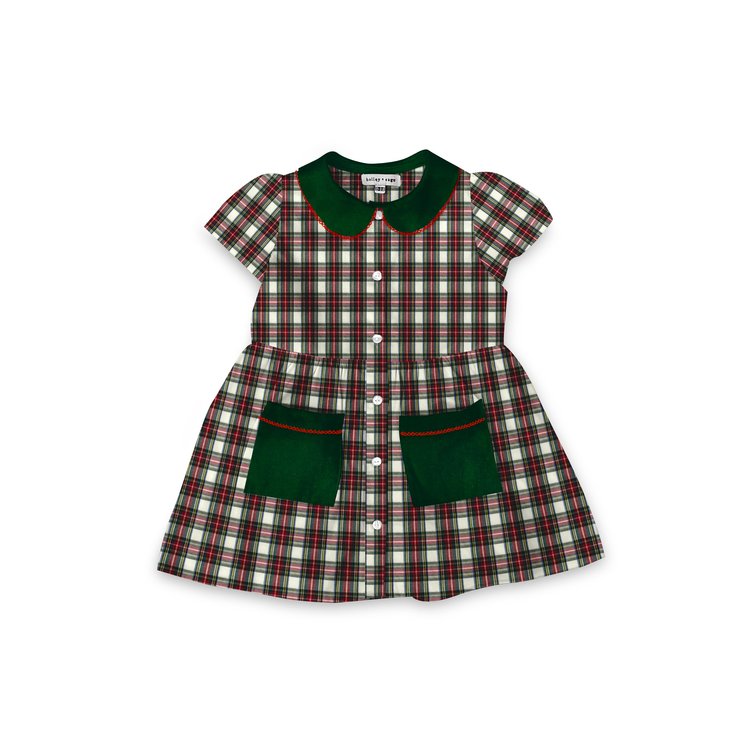 Christmas Flannel - Smock Collared Dress with Contrast Collar and Pockets