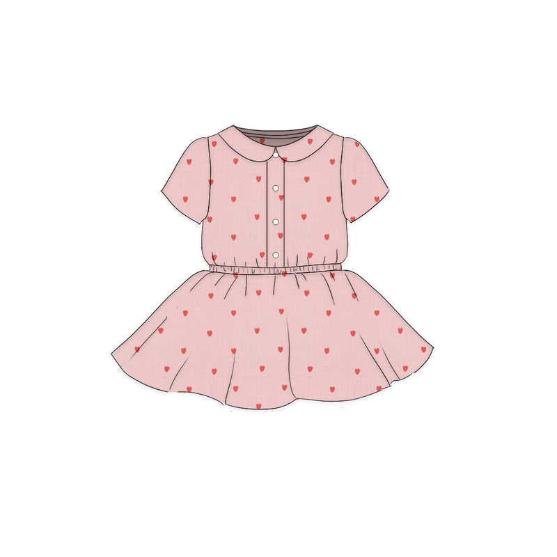 Embroidered Hearts - Button Front Twirl Dress