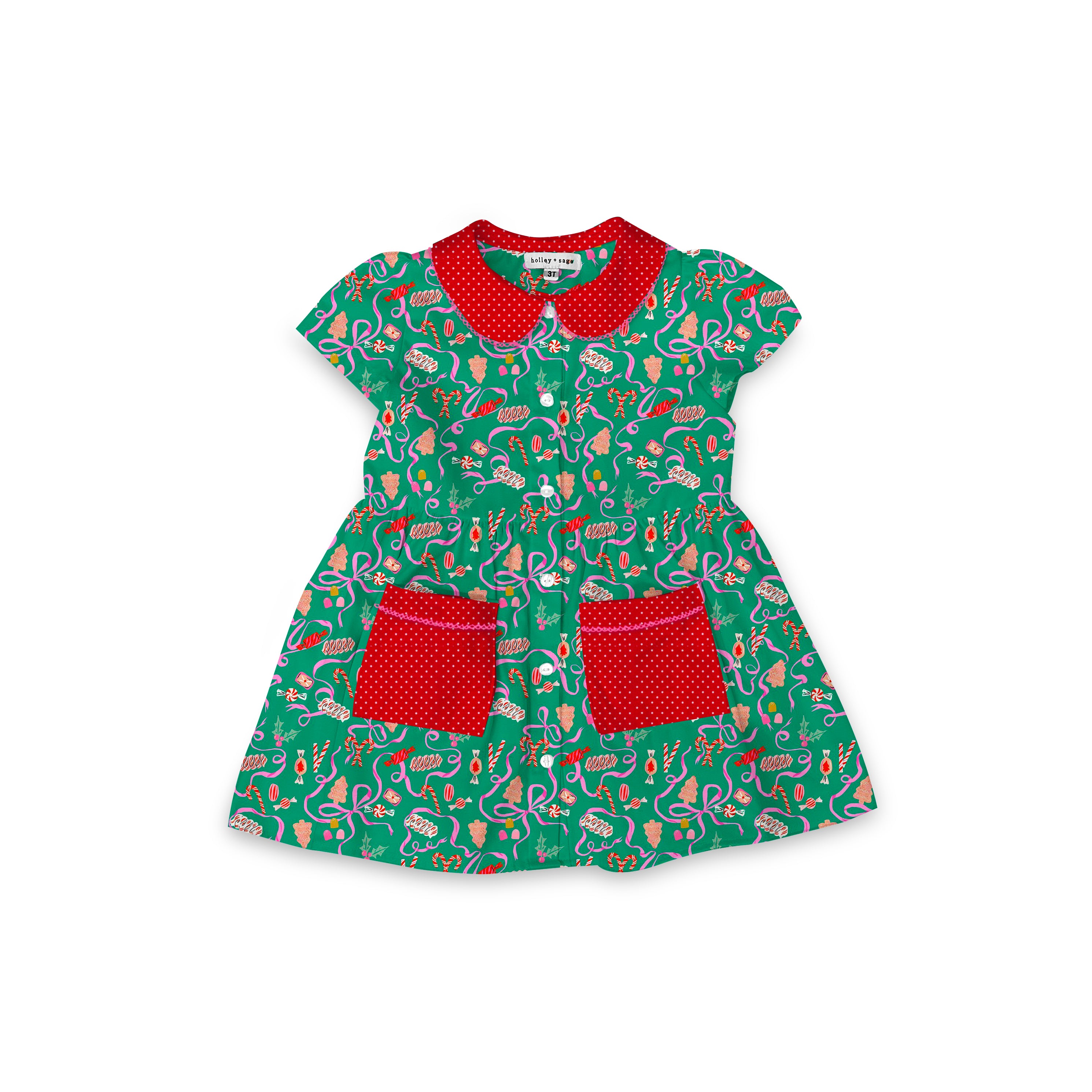Holiday Candy - Smock Collared Dress with Contrast Pockets and Collar