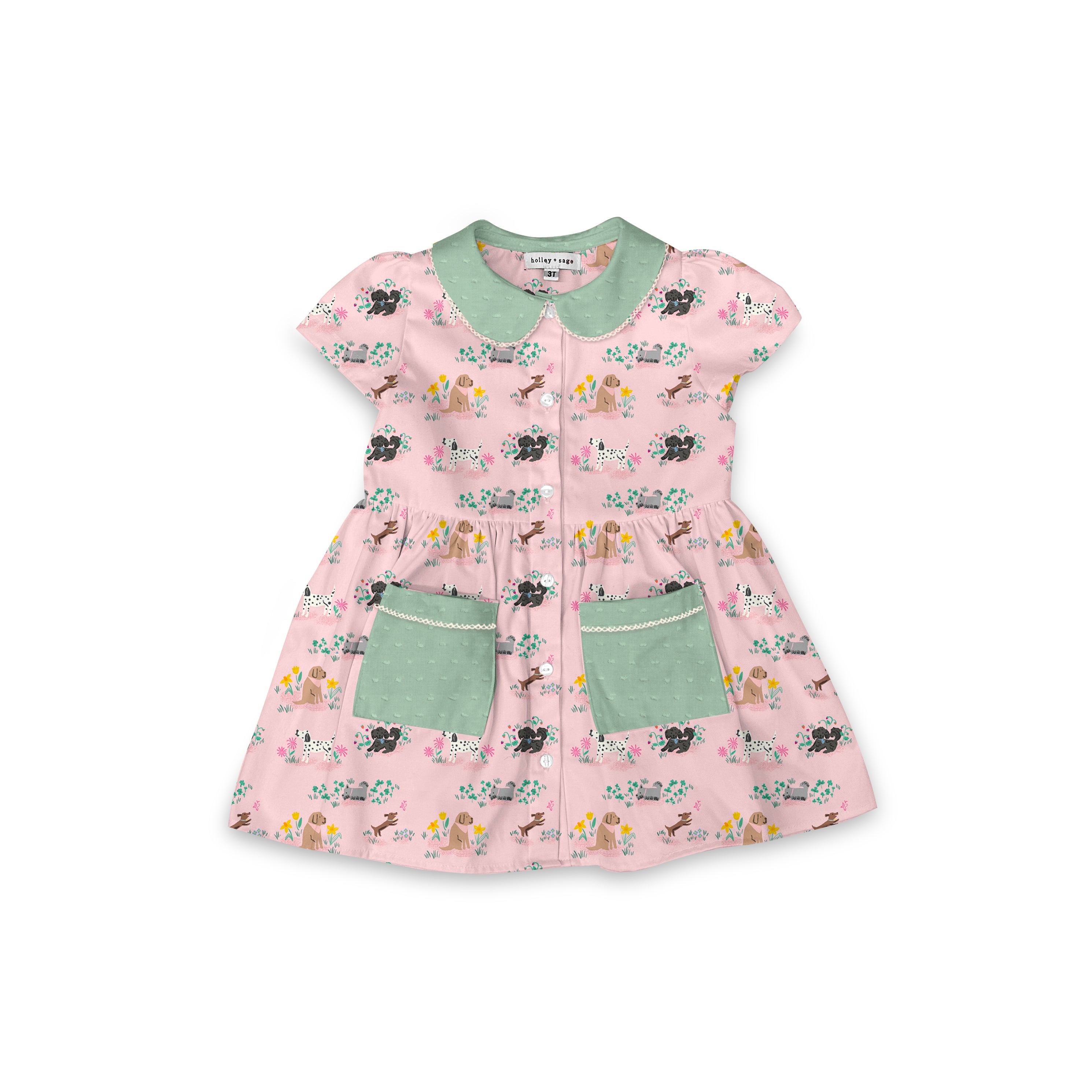 Pink Pups - Smock Collared Dress with Contrast Pockets and Collar