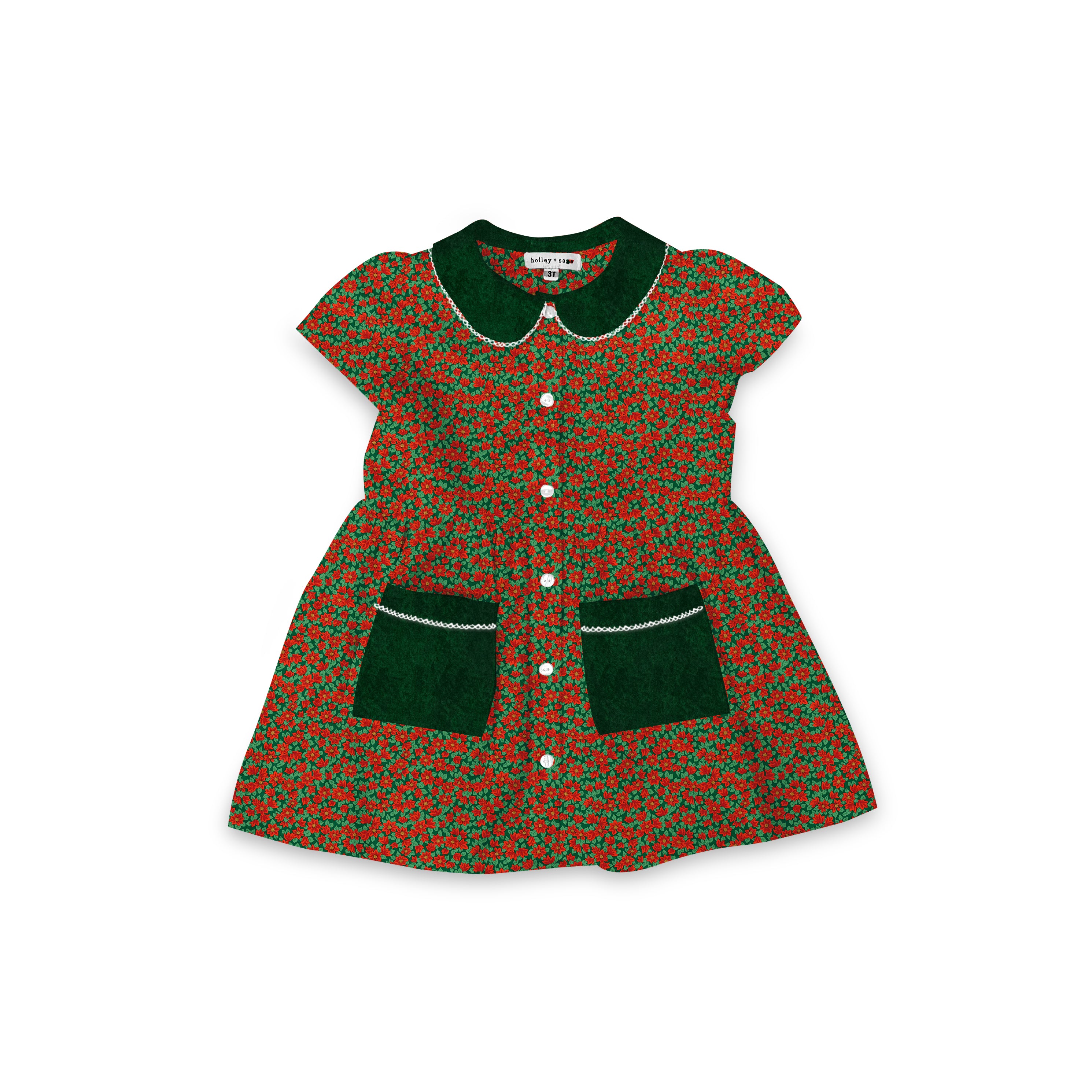 Poinsettas - Smock Collared Dress with Contrast Pockets and Collar
