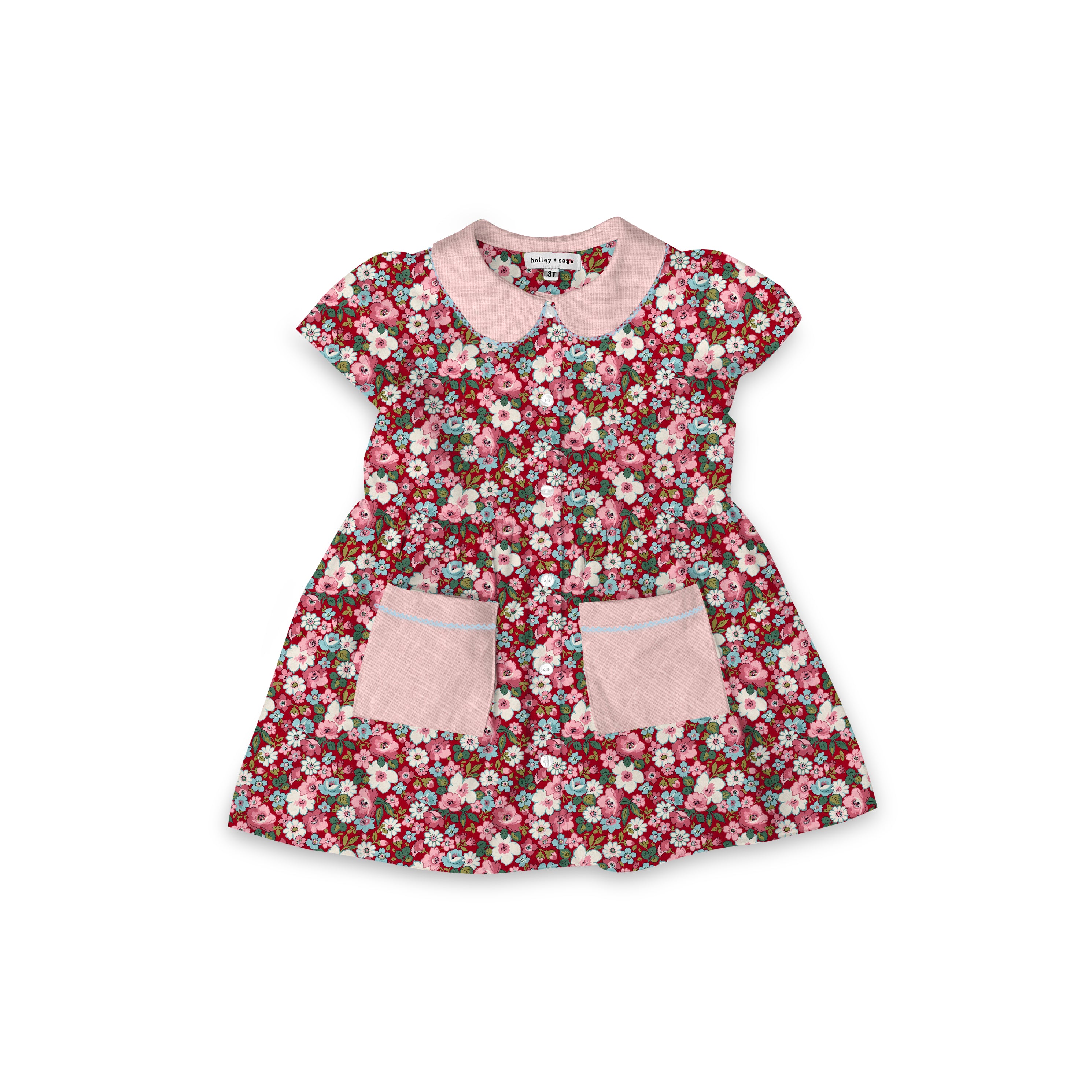 Red-Liberty-Floral - Smock Collared Dress with Contrast Pockets and Collar